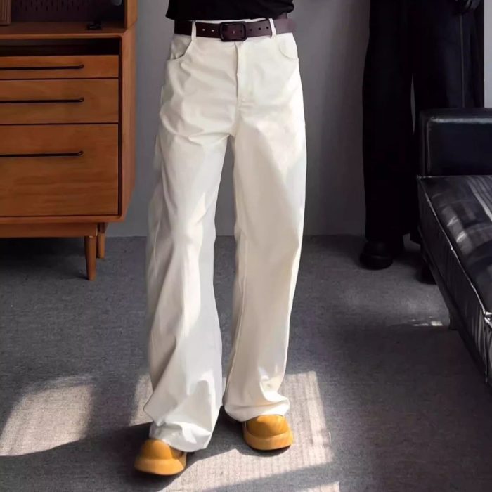 Men's Wide-Leg Trousers - Asymmetric Hem in White - Image 1
