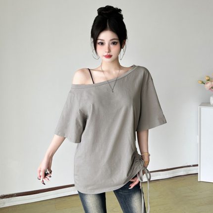 Women's Off-Shoulder T-Shirt with Drawstring - Oversized Slouchy Fit