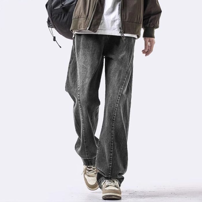 Men's Wide-Leg Jeans - Retro Wash & Asymmetric Hem - Image 1