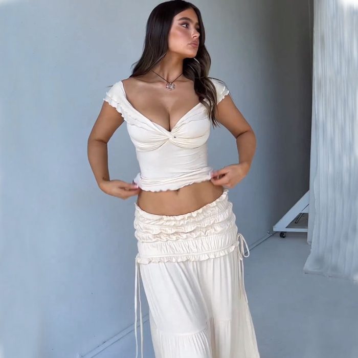 Women's Western-Inspired Two-Piece Set - Ruffle Detail Top & Tiered Maxi Skirt - Image 2