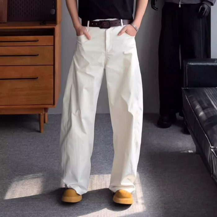 Men's Wide-Leg Trousers - Asymmetric Hem in White - Image 2