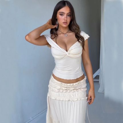 Women's Western-Inspired Two-Piece Set - Ruffle Detail Top & Tiered Maxi Skirt