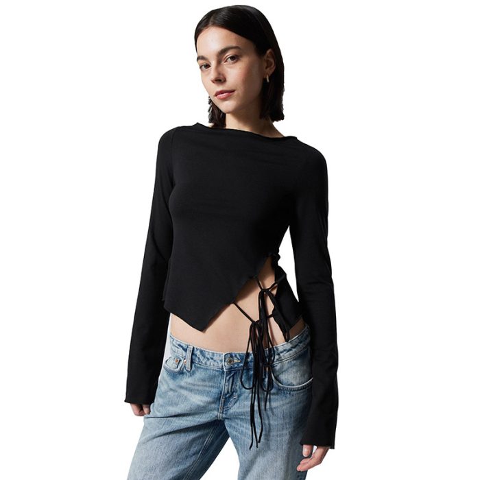 Women's Ruffle Detail Pullover Top with Asymmetric Tie - Image 1