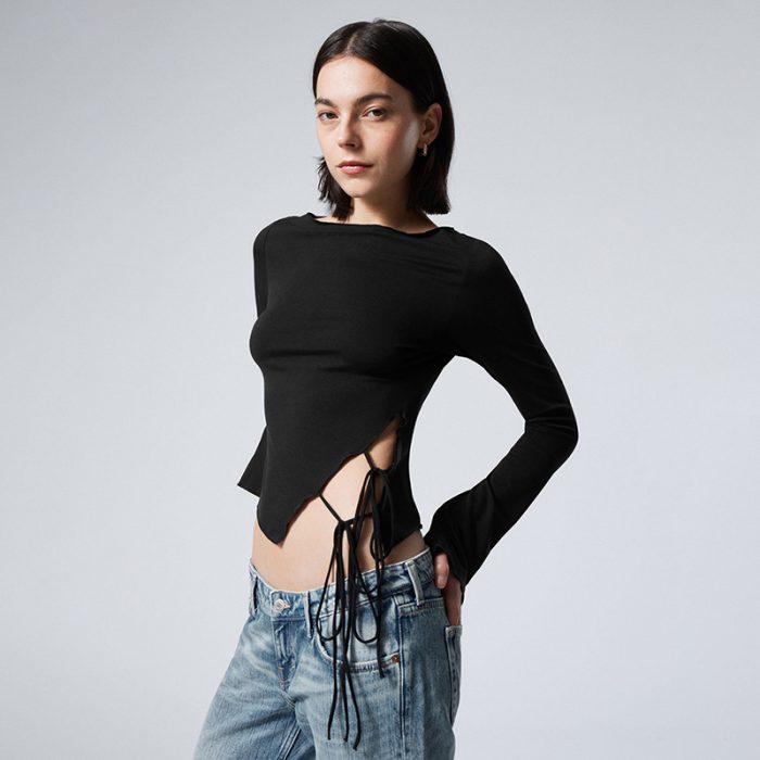 Women's Ruffle Detail Pullover Top with Asymmetric Tie - Image 2