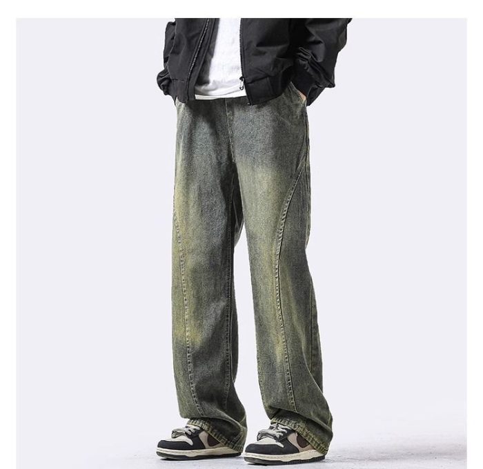 Men's Wide-Leg Jeans - Retro Wash & Asymmetric Hem - Image 2