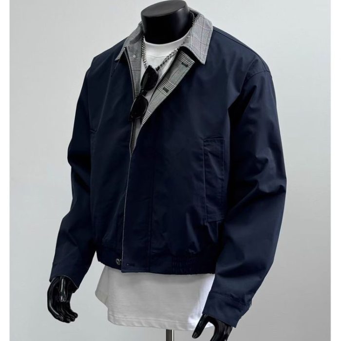 Men's Plaid Patchwork Jacket - Color Block Workwear Style - Image 1
