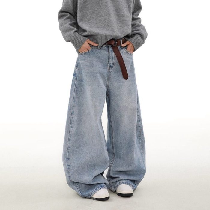 Men's Wide-Leg Jeans - Vintage Wash & Asymmetric Cut - Image 1