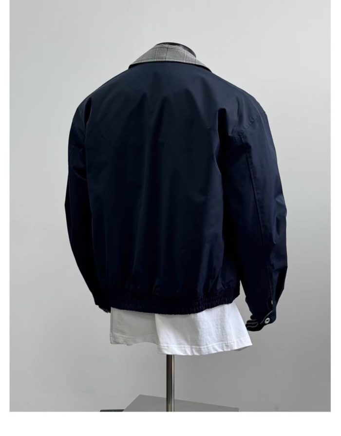 Men's Plaid Patchwork Jacket - Color Block Workwear Style - Image 2