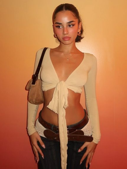 Women's V-Neck Lace-Up Corset Top with Flowy Sash