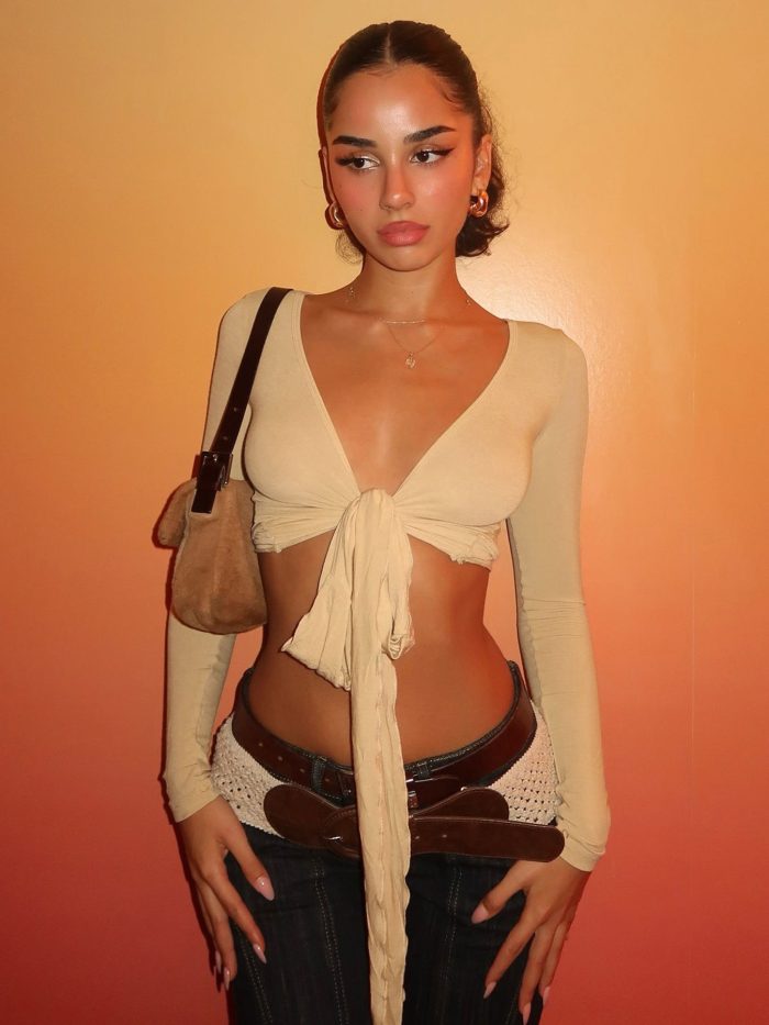 Women's V-Neck Lace-Up Corset Top with Flowy Sash - Image 1