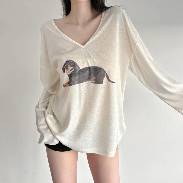 Women's Oversized V-Neck T-Shirt with Puppy Print - Cozy & Cute - Image 2