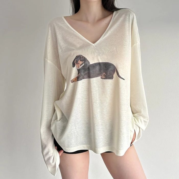 Women's Oversized V-Neck T-Shirt with Puppy Print - Cozy & Cute - Image 3