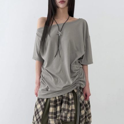 Women's Off-Shoulder T-Shirt with Drawstring - Oversized Slouchy Fit