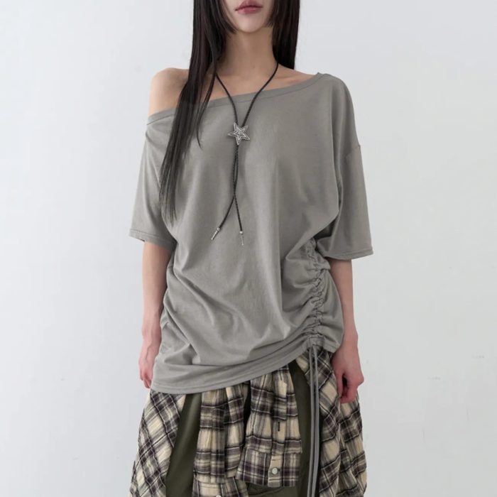Women's Off-Shoulder T-Shirt with Drawstring - Oversized Slouchy Fit - Image 1