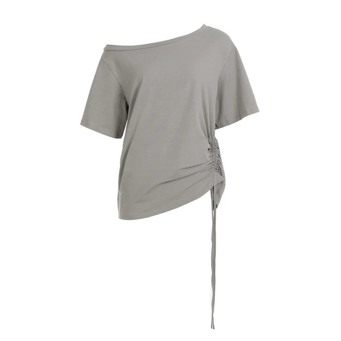 Women's Off-Shoulder T-Shirt with Drawstring - Oversized Slouchy Fit - Image 2