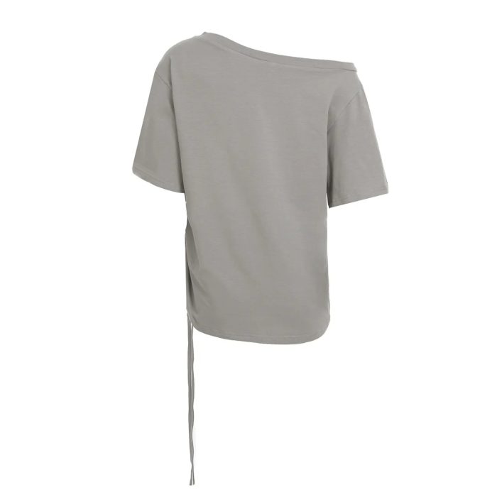 Women's Off-Shoulder T-Shirt with Drawstring - Oversized Slouchy Fit - Image 3
