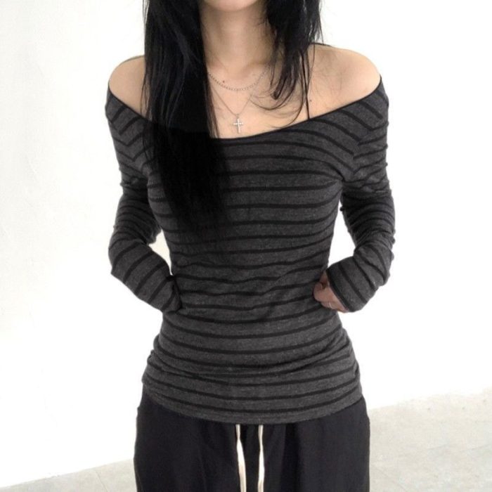 Women's Off-the-Shoulder Striped Top - Vintage Inspired Bodycon Fit - Image 1