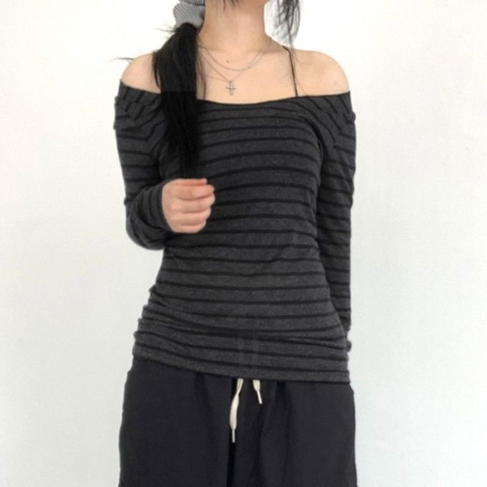 Women's Off-the-Shoulder Striped Top - Vintage Inspired Bodycon Fit - Image 2