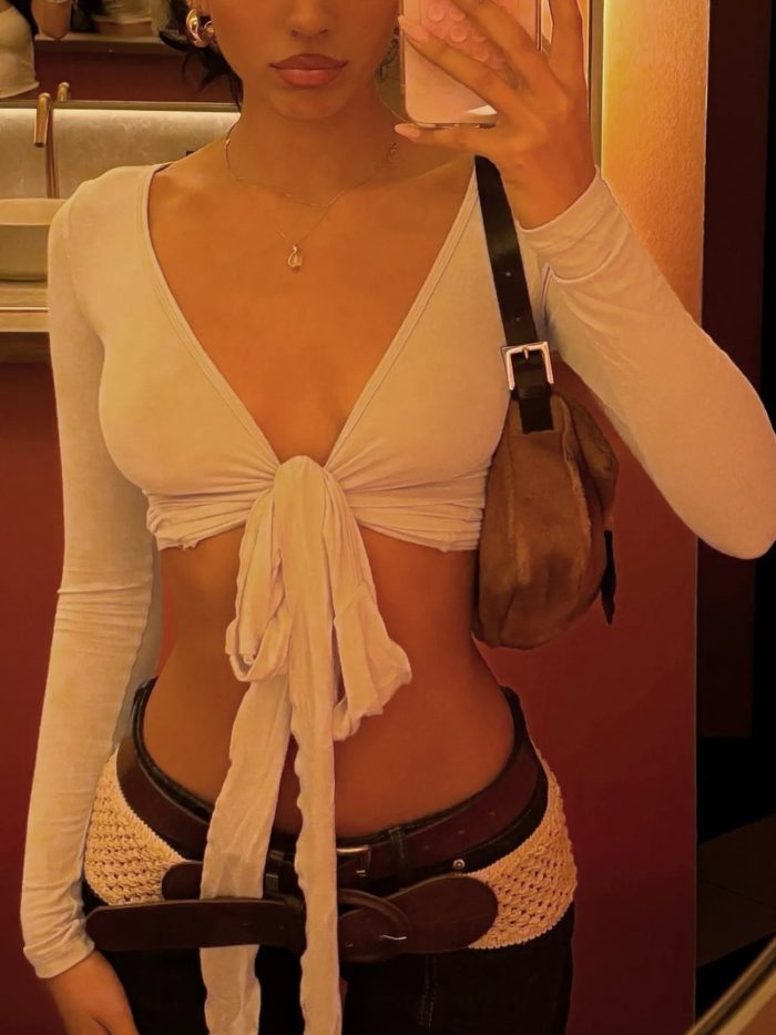 Women's V-Neck Lace-Up Corset Top with Flowy Sash - Image 2