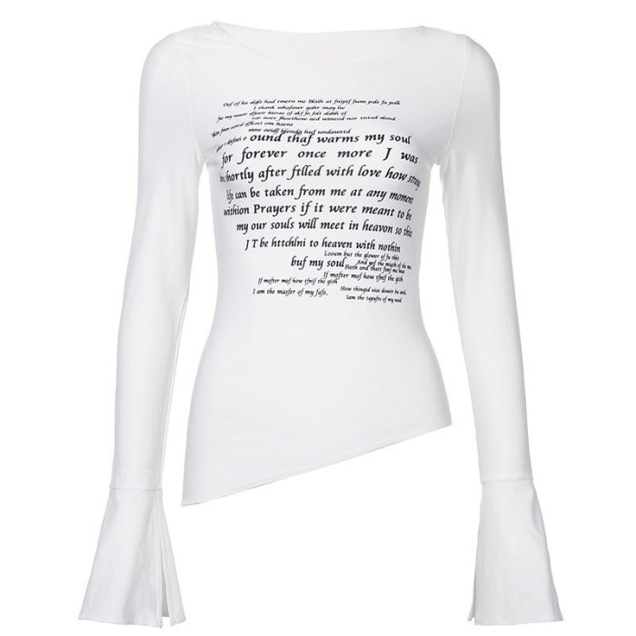 Women's Letter Print T-Shirt with Flared Sleeves - Fitted Retro Top - Image 3